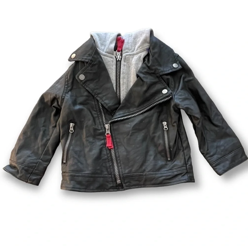 Oshkosh Faux Leather Motorcycle Jacket Gray Hoodie Lining Size 18M